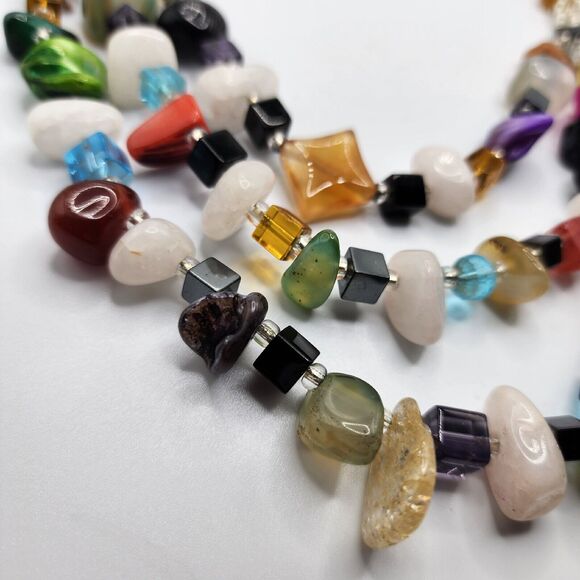 Artisan Multiple Gemstones Bead Treasure Necklace Faceted Layered 22” Colorful - Picture 3 of 10